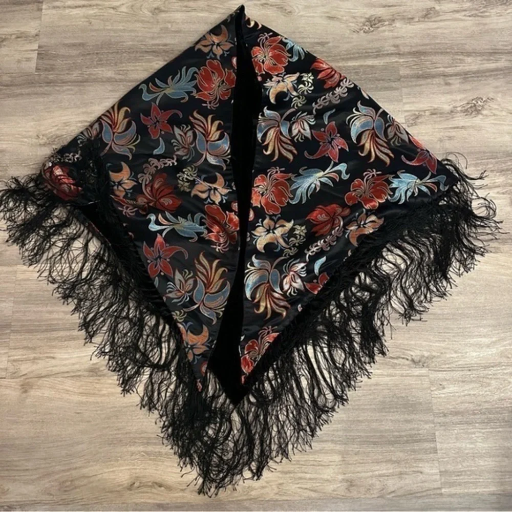 Black Floral Fringe Russian Platok Shawl Multicolor Babushka Scarf Platok